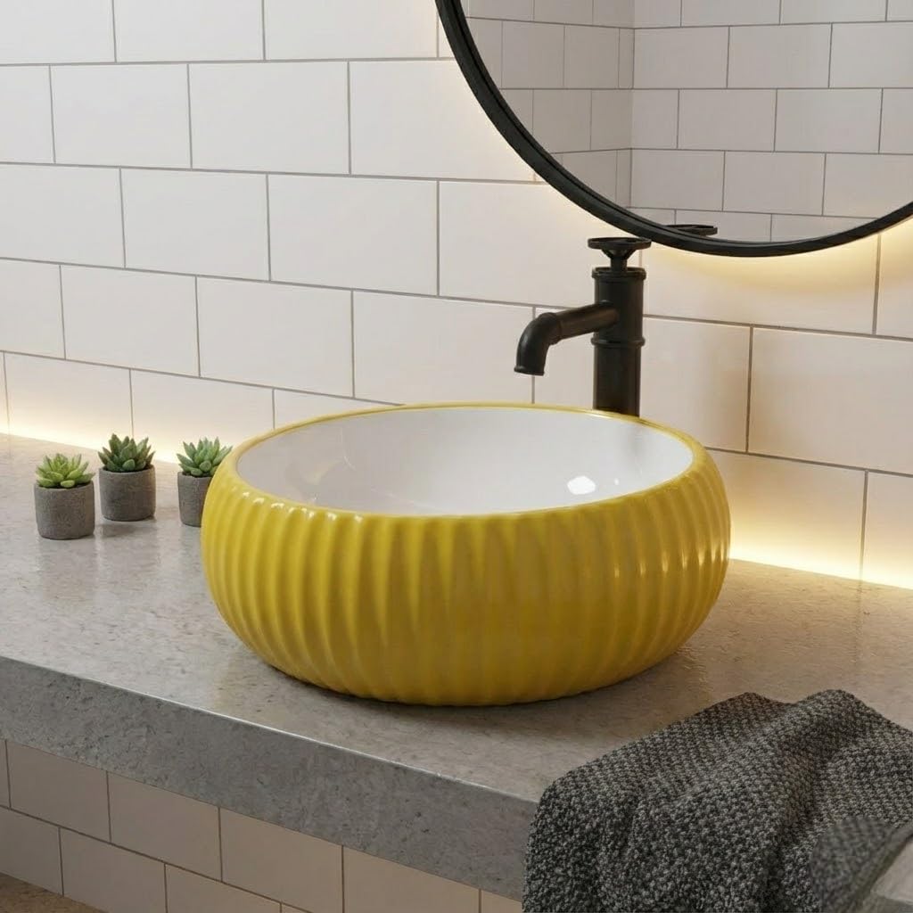 Vessel sinks InArt glossy yellow square ceramic vessel sink 16x16 countertop wash basin