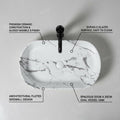 Bathroom vessel sink vanity angle view, oval ceramic above counter bathroom sink in glossy white marble finish