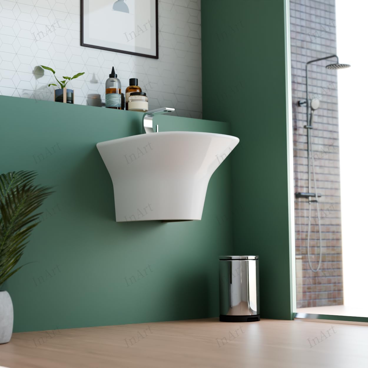 Compact wall mounted sink basin in white glazed ceramic, angled view highlighting curved front