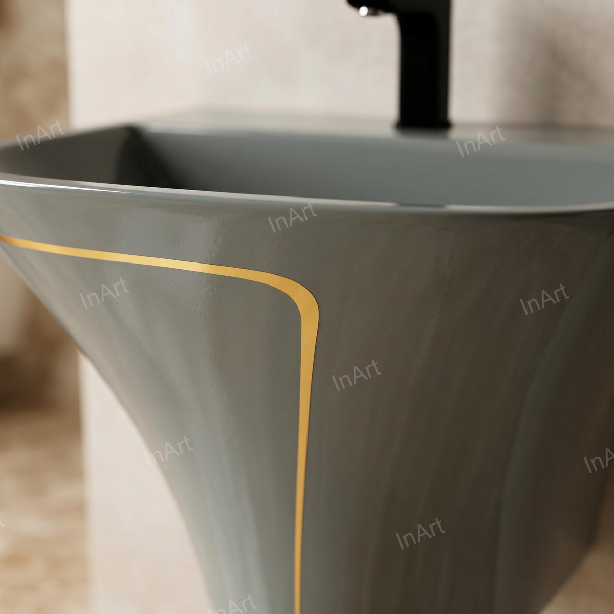 InArt Glossy Grey Wall-Mounted Ceramic Bathroom Sink with Half Pedestal, 21.3 Inch, additional product view 5