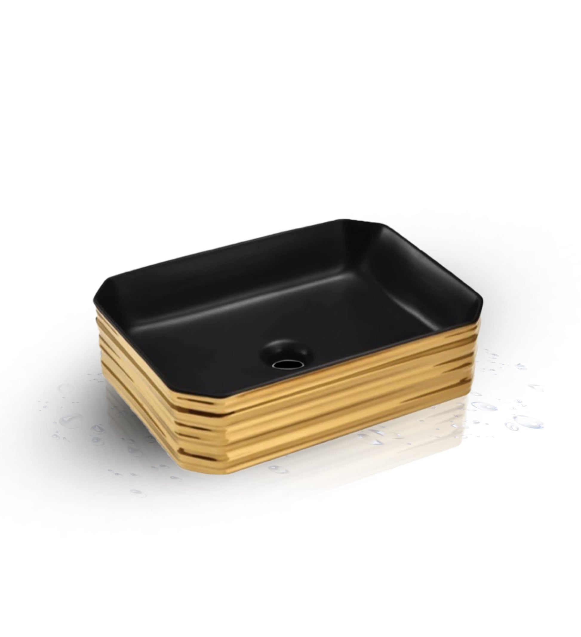 Angled view of InArt black and gold vessel sink, small oval ceramic matte countertop bathroom basin