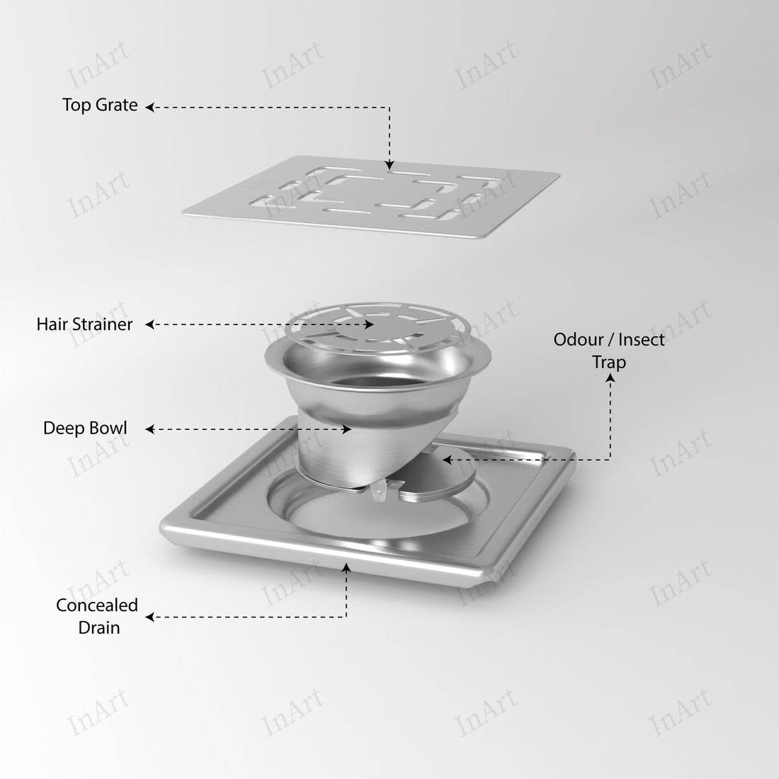Square stainless steel shower drain cover, brushed 304 stainless slotted grate, 5.9 inch