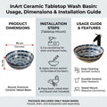 Bathroom sink round bowl styling—InArt round ceramic vessel sink in blue on countertop with drain detail