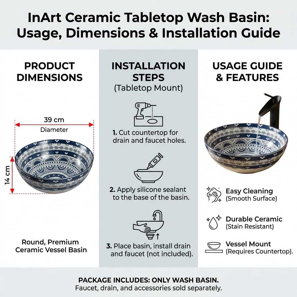 Bathroom sink round bowl styling—InArt round ceramic vessel sink in blue on countertop with drain detail