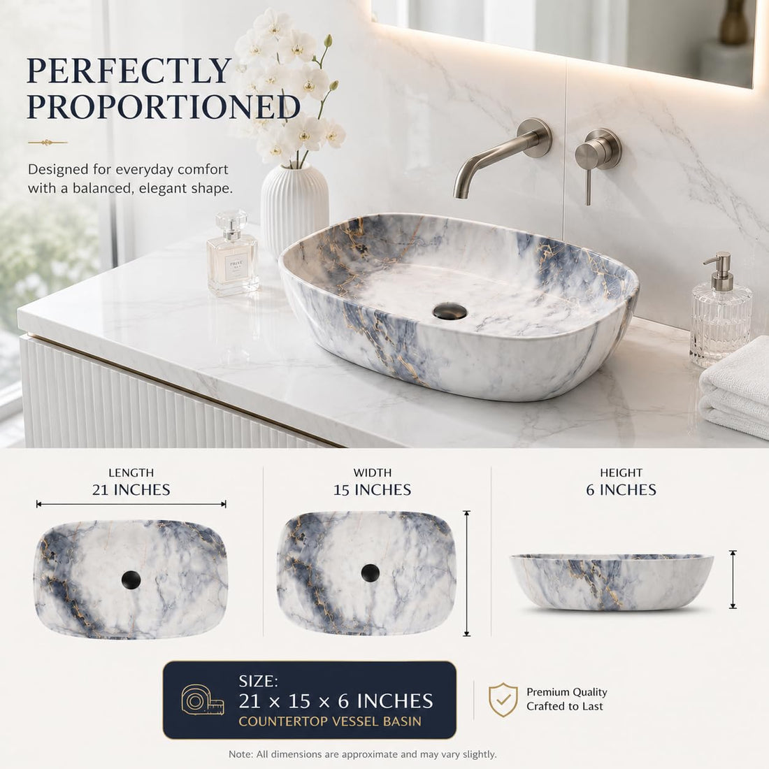 White, Blue and Gold Rectangular Ceramic vessel bathroom sink