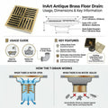 InArt 12 x 4 Inch Square Brass Shower Drain with Removable Strainer Grate, additional product view 6