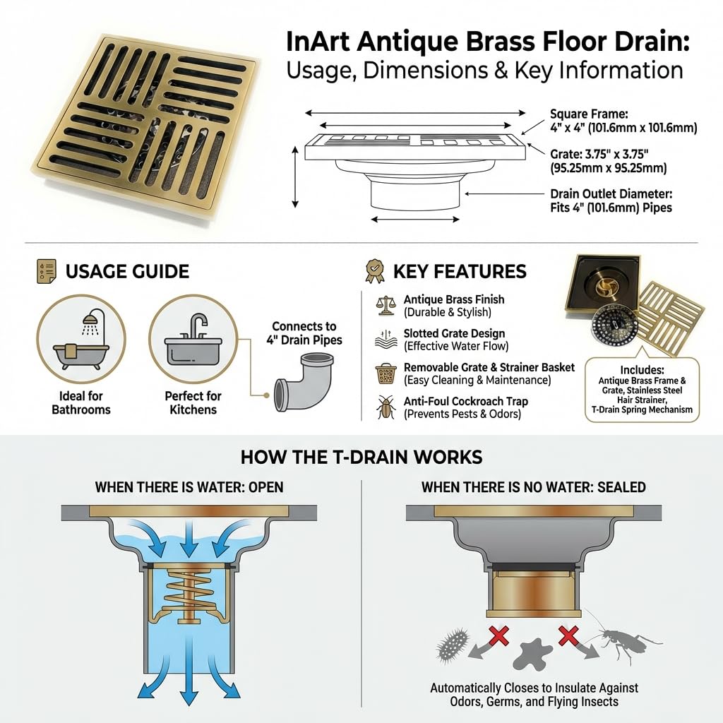 InArt 12 x 4 Inch Square Brass Shower Drain with Removable Strainer Grate, additional product view 6