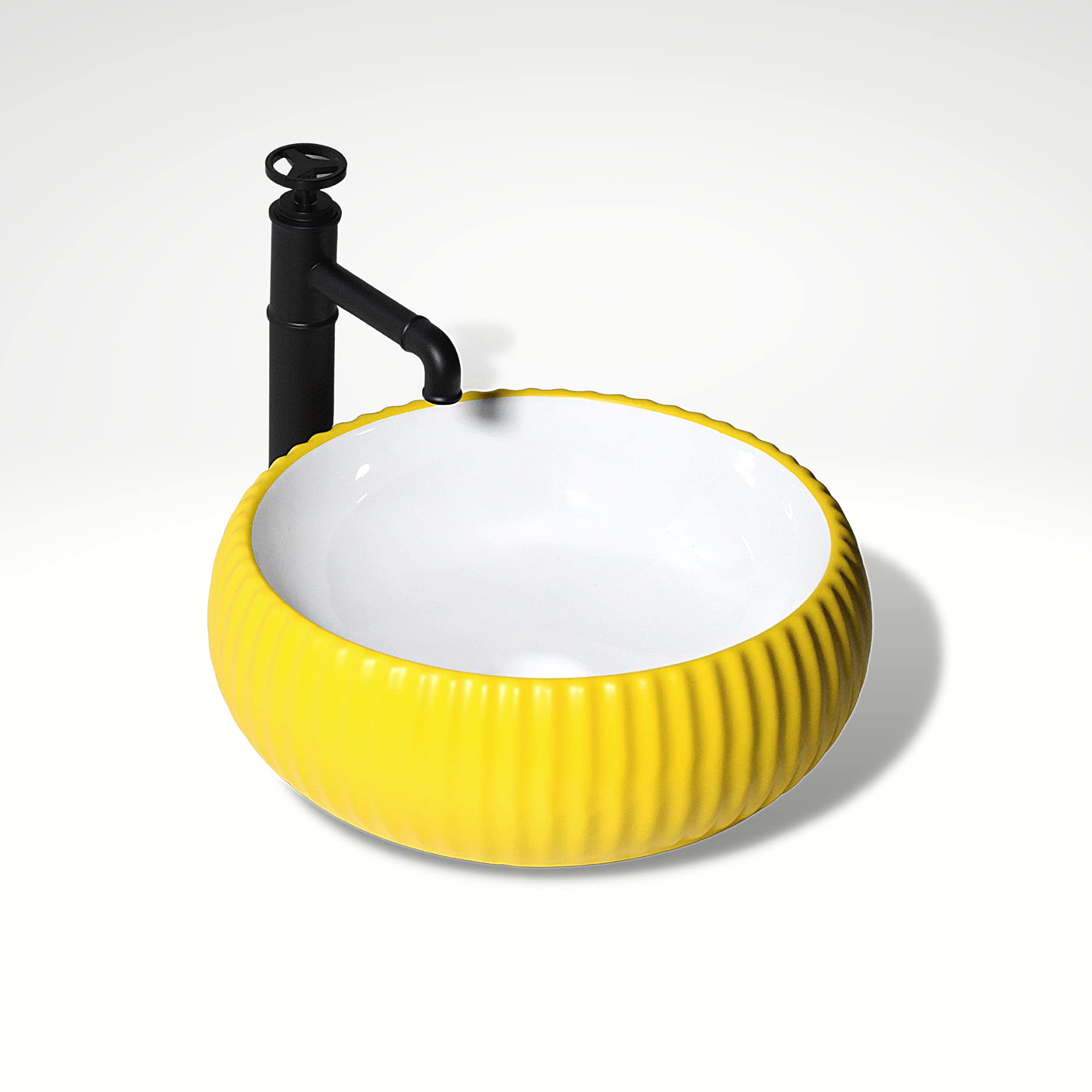 InArt square ceramic vessel bowl vanity sink 16x16 with raised rim, glossy yellow countertop style