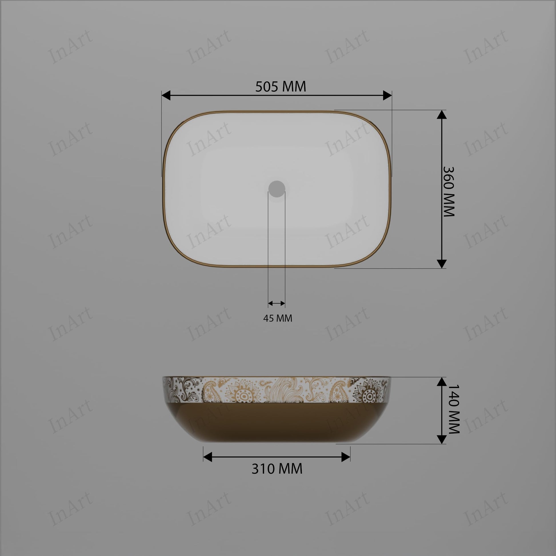 Vessel sink in bathroom decor, InArt designer rose gold rectangular ceramic above counter sink on vanity top