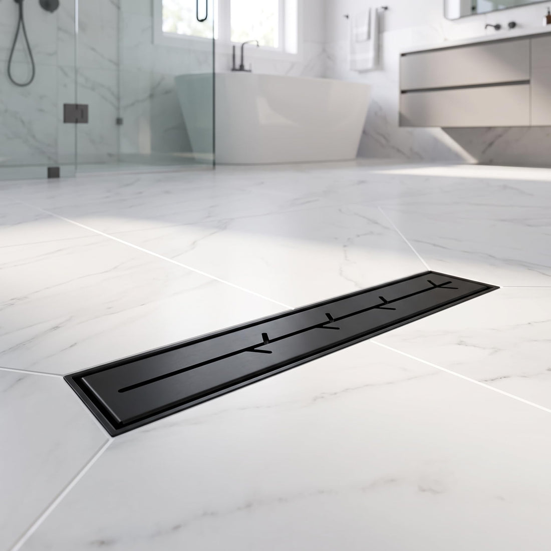 InArt matte black 12-inch linear shower drain with branch-slot grate