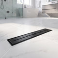 Matte black stainless steel linear drain shown from an angled view