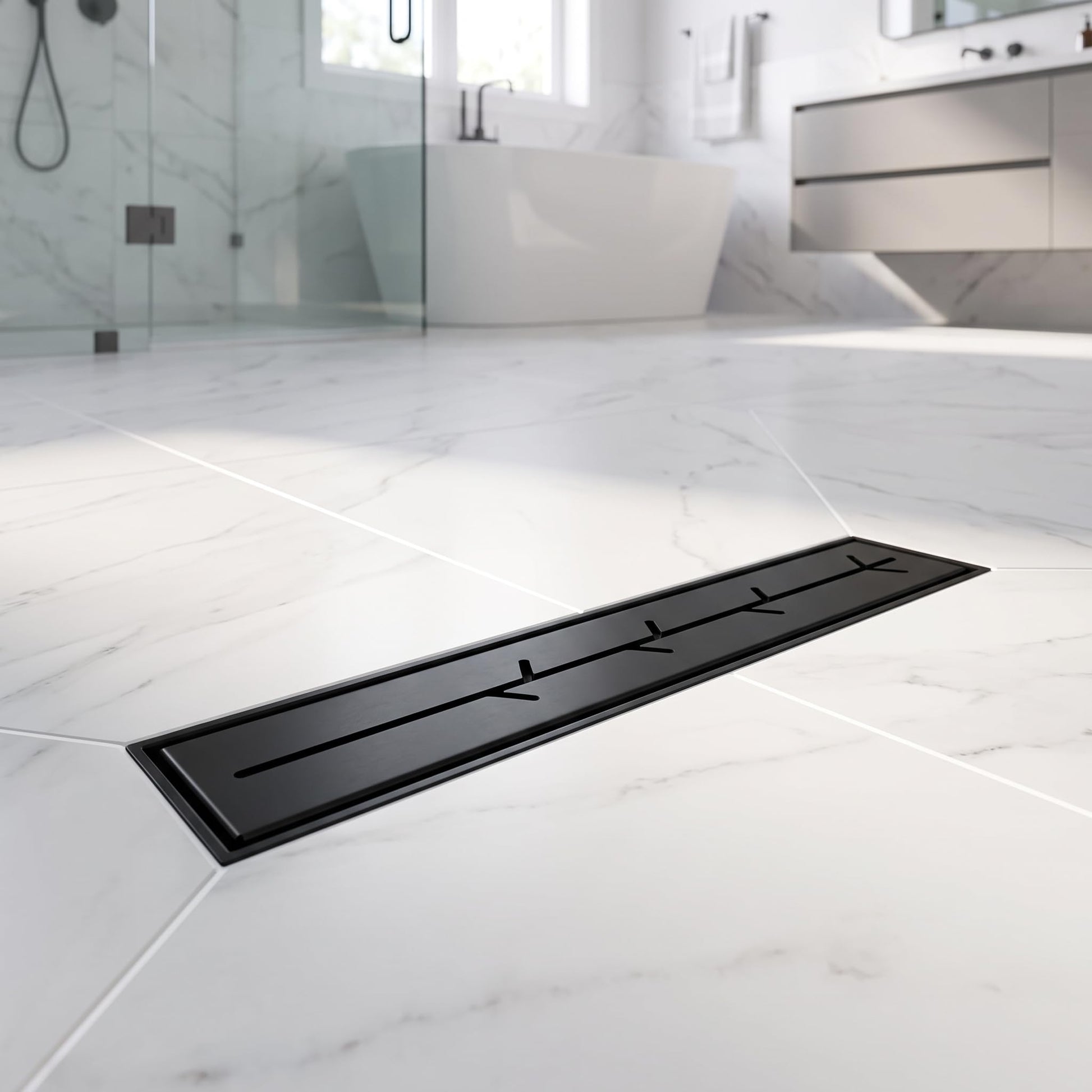 Matte black stainless steel linear drain shown from an angled view