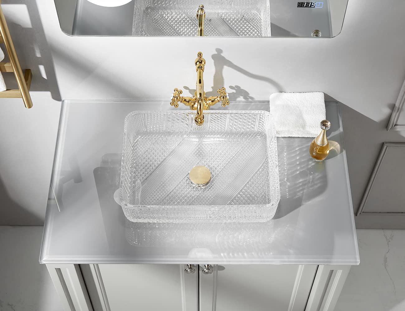 Glass sink bowls for bathrooms showing glossy transparent finish, rectangular tempered glass vessel sink bowl