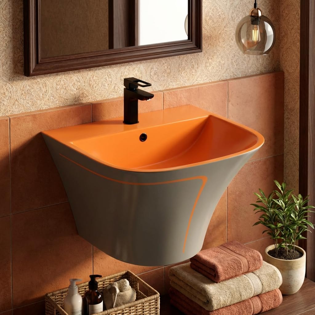 Wall mounted sink glazed ceramic rectangular soft-square matte orange and gray integrated half pedestal front view