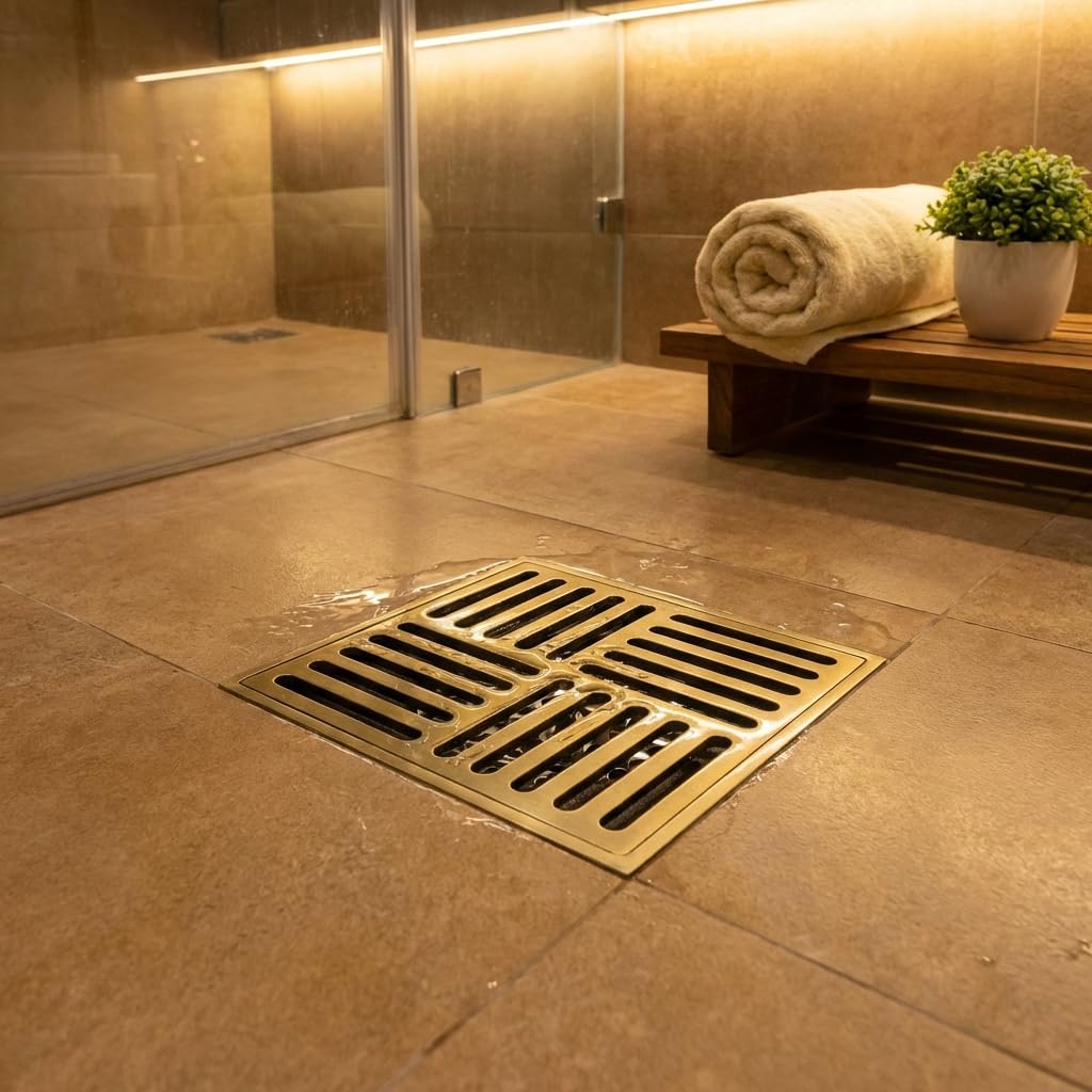 InArt 12 x 4 Inch Square Brass Shower Drain with Removable Strainer Grate