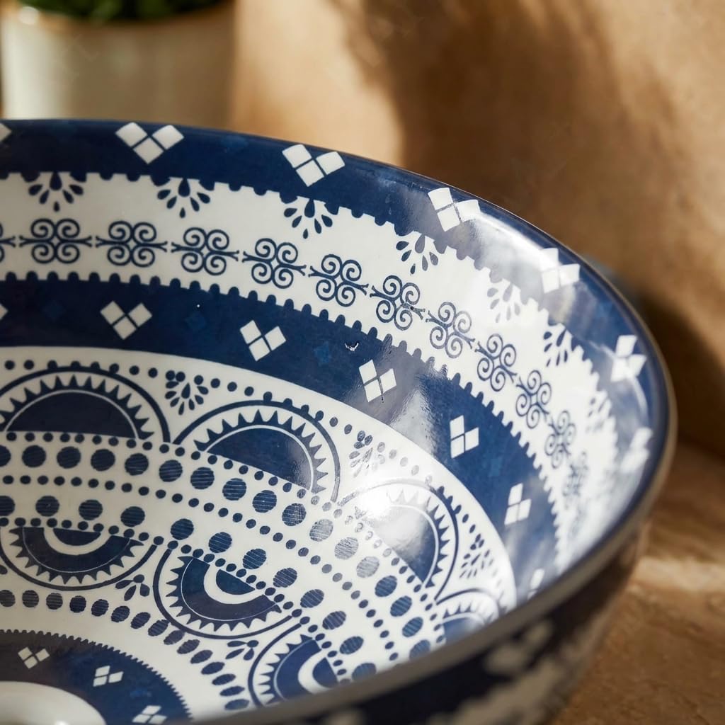 Circular sinks for modern vanity—round ceramic bowl sink with wide basin depth, Mexican Blue glaze
