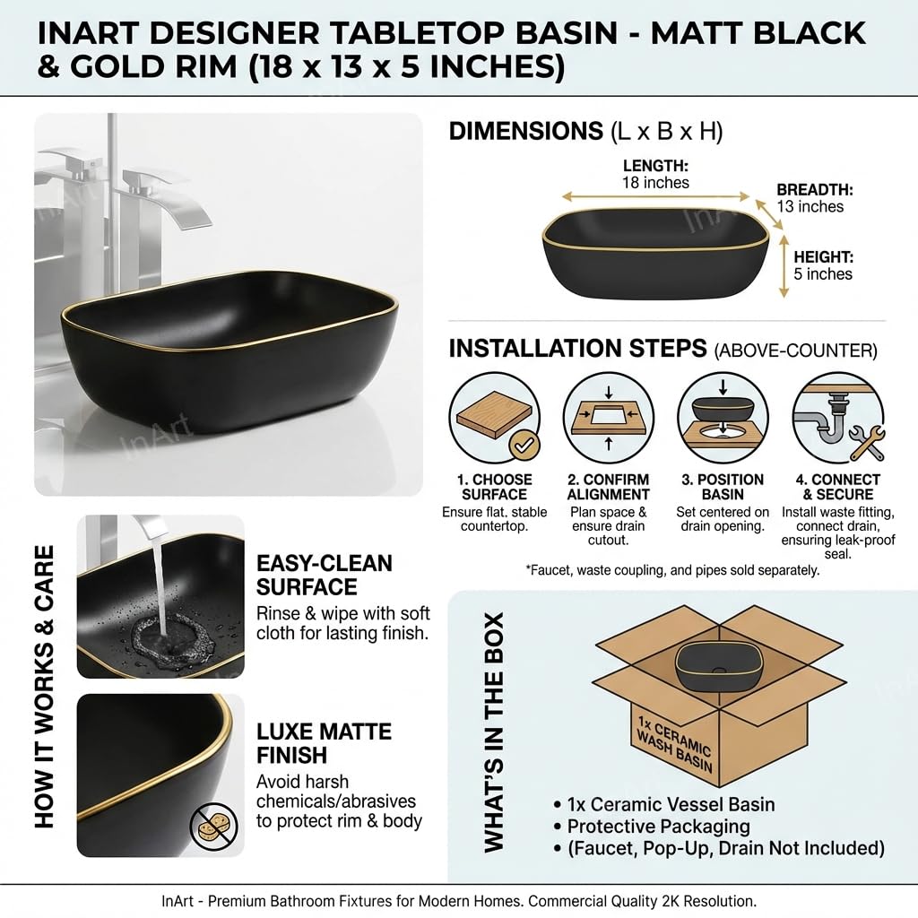 Rectangular ceramic vessel sink cabinet pairing, matte black above counter sink for bathroom vanity