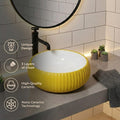 Vanity vessel sink angled view of InArt square ceramic above counter bathroom sink in glossy yellow