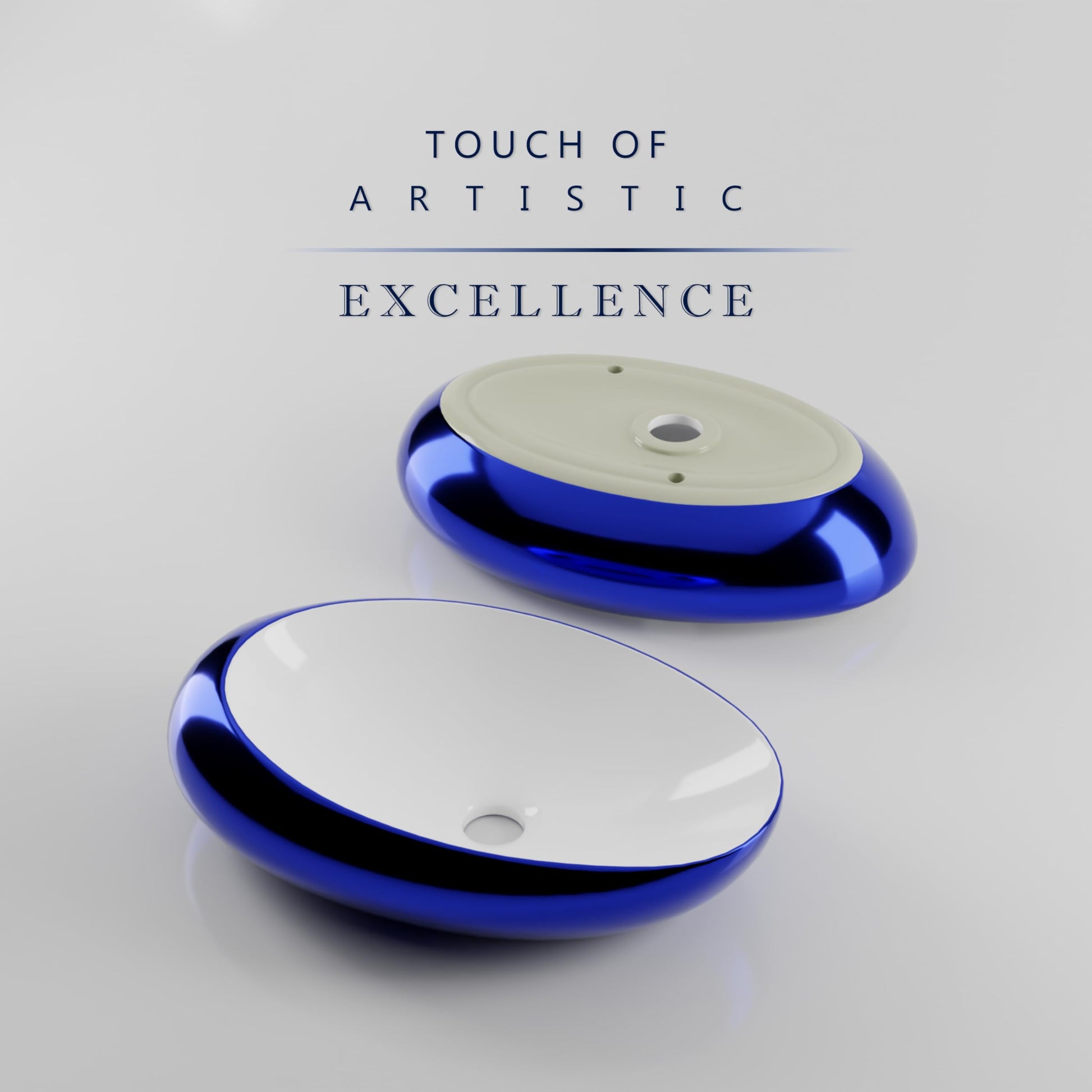 Vessel bowl vanity angle view of blue glossy ceramic oval above counter bathroom sink