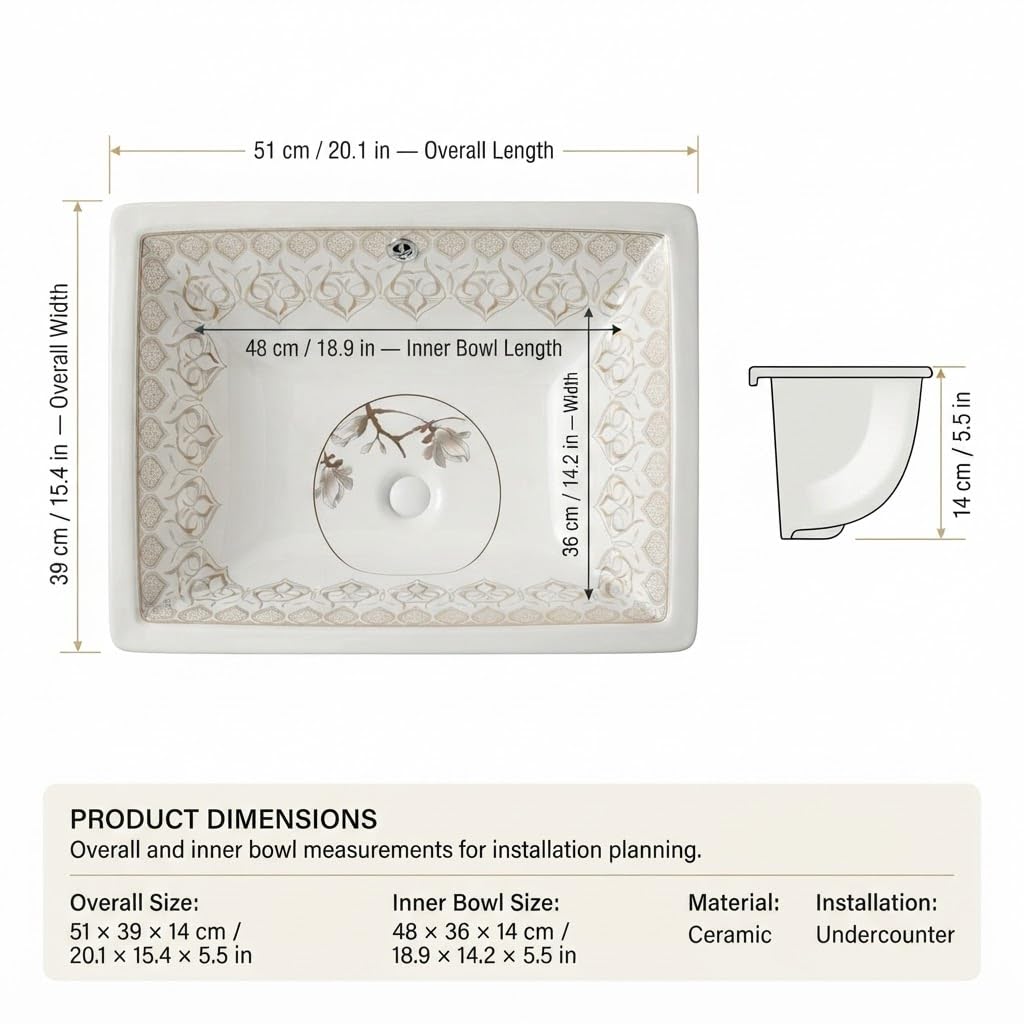 White and Gold Rectangular Ceramic undermount bathroom sink, additional product view 9