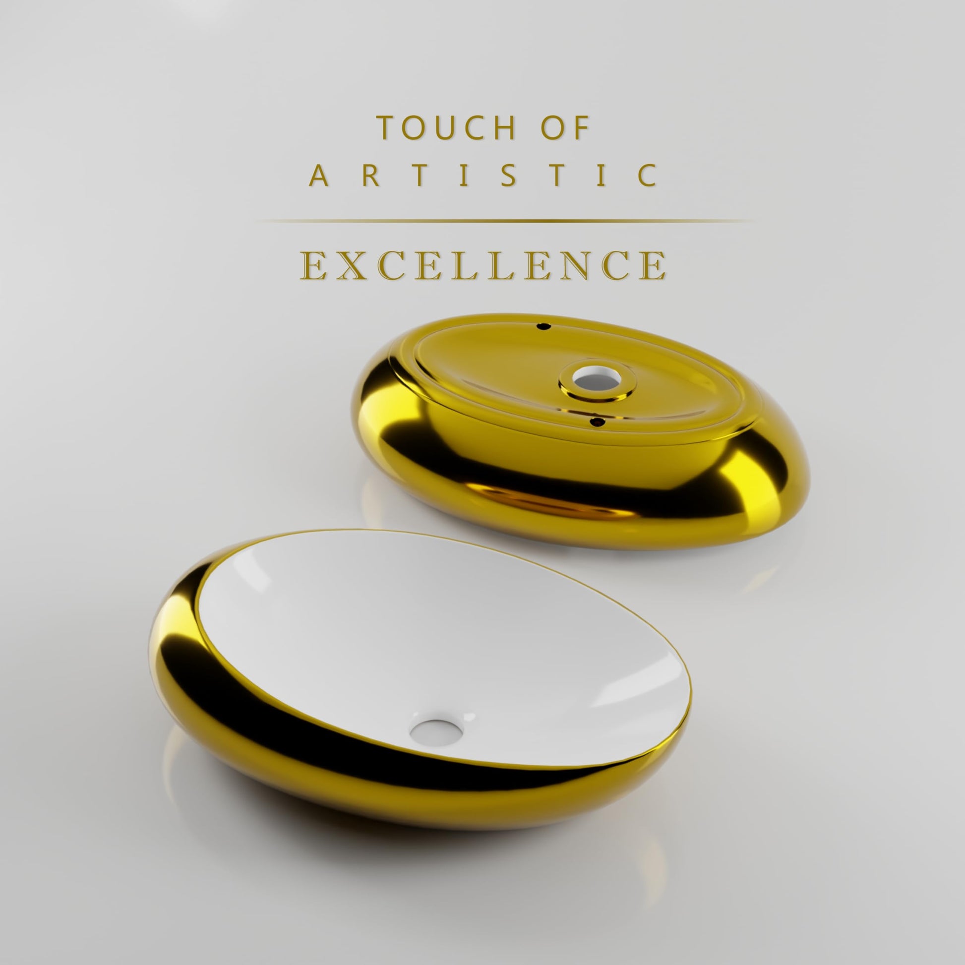 Vessel sink vanity angle view of oval ceramic vessel sink, glossy white with gold rim