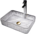 InArt glass bathroom sink bowls on vanity countertop, clear glossy rectangular vessel sink with faucet