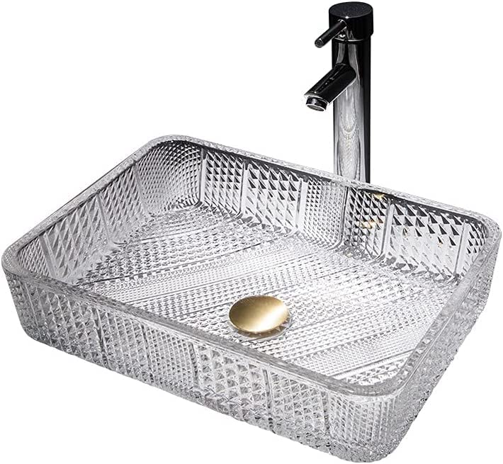 InArt glass bathroom sink bowls on vanity countertop, clear glossy rectangular vessel sink with faucet
