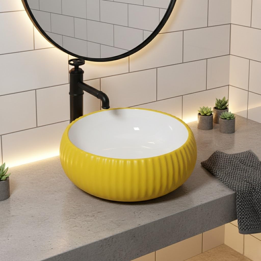 Ceramic vessel sink square bowl detail showing glossy yellow glaze for bathroom vanity with vessel sink