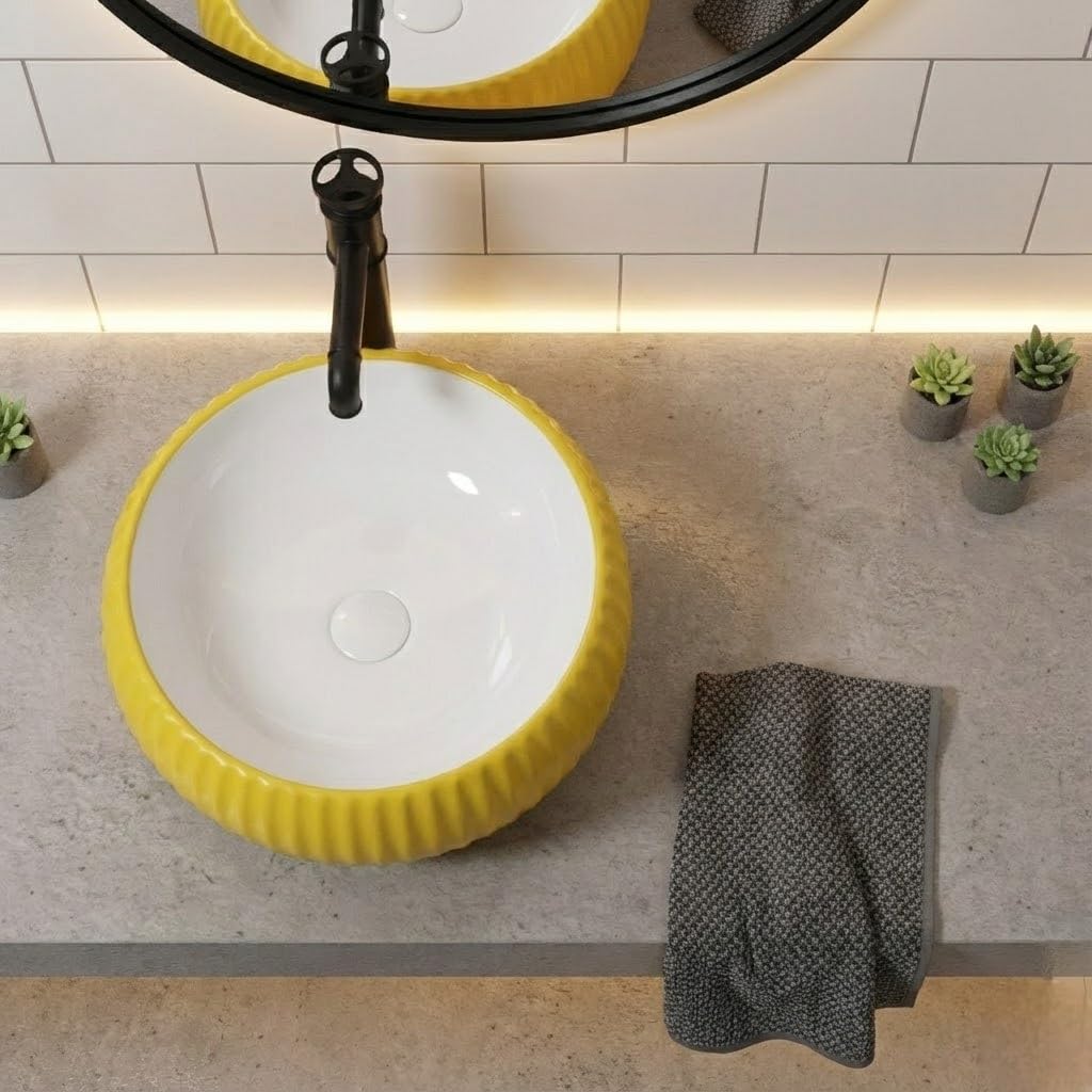 Vessel sink on vanity side view square ceramic countertop basin 16x16 glossy yellow finish