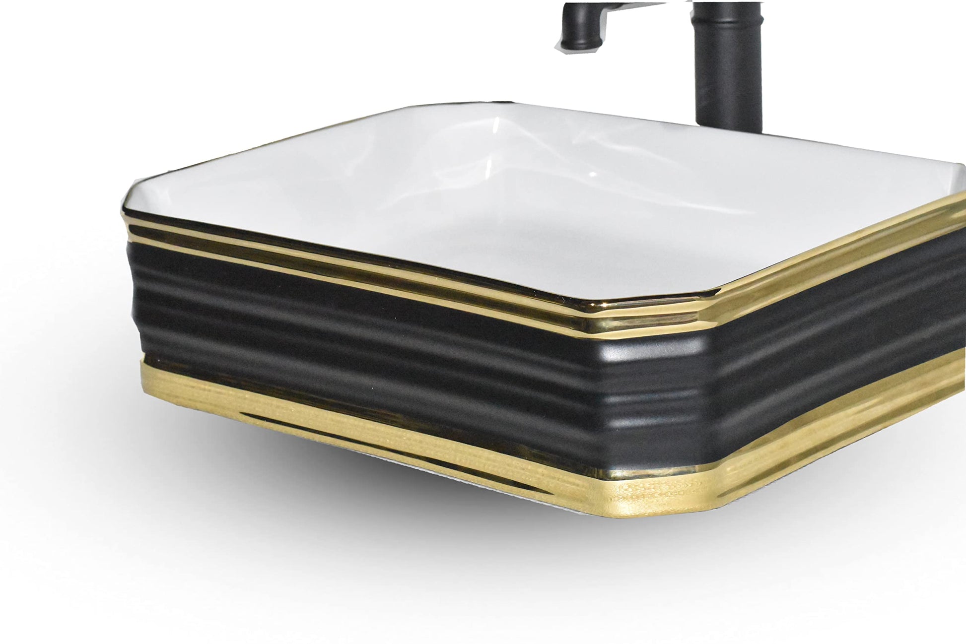 Close-up detail of matte black and gold ceramic bowl sink, small bathroom vessel sink for countertop