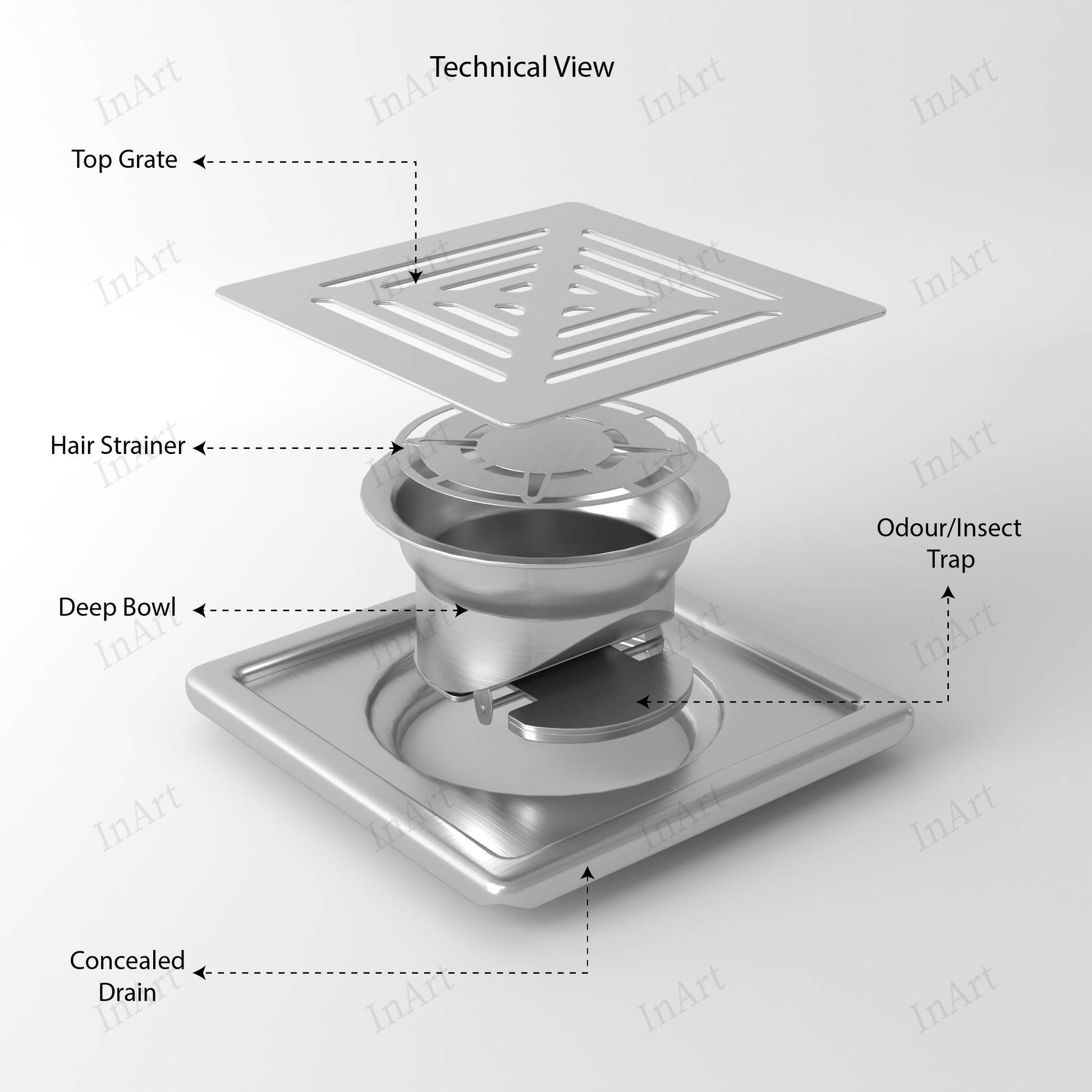 InArt 5 x 5 Inch Square Stainless Steel Shower Drain with Removable Grate, additional product view 3