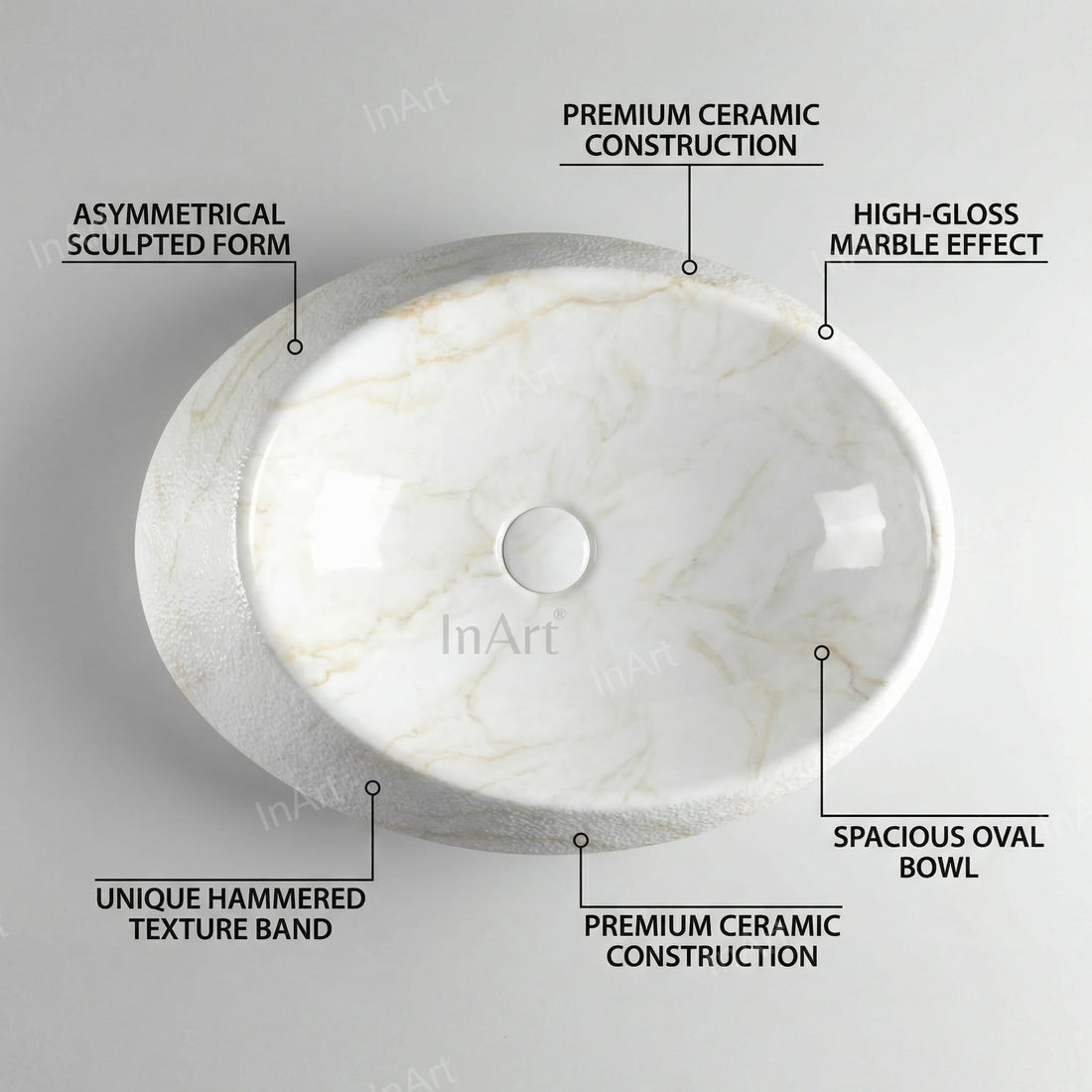 Vessel sinks for bathroom - InArt ceramic oval marble pattern countertop vessel sink basin 60x45cm