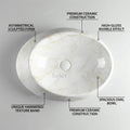 Above counter bathroom sink, ceramic oval marble finish vessel sink bowl - side angle view