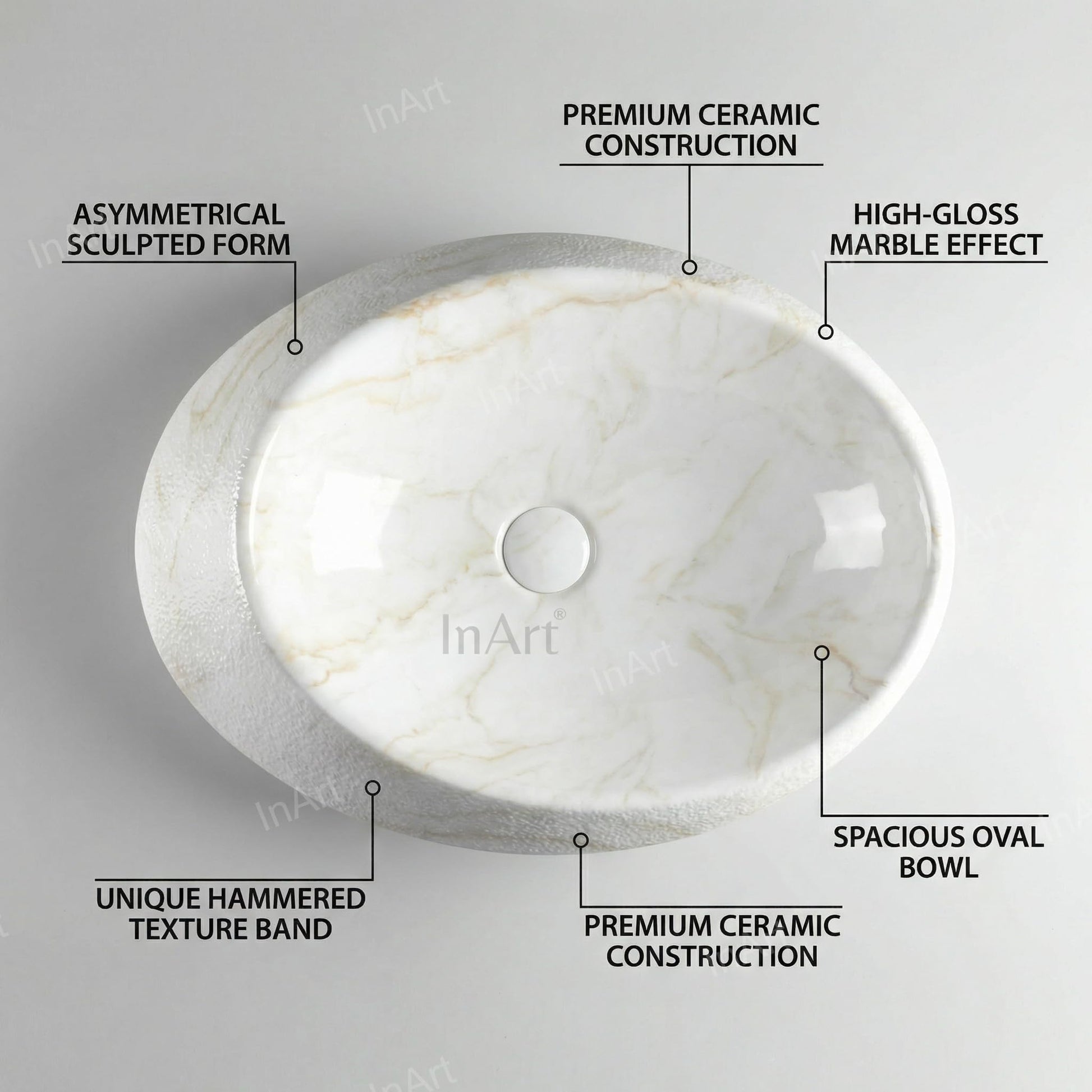 Above counter bathroom sink, ceramic oval marble finish vessel sink bowl - side angle view