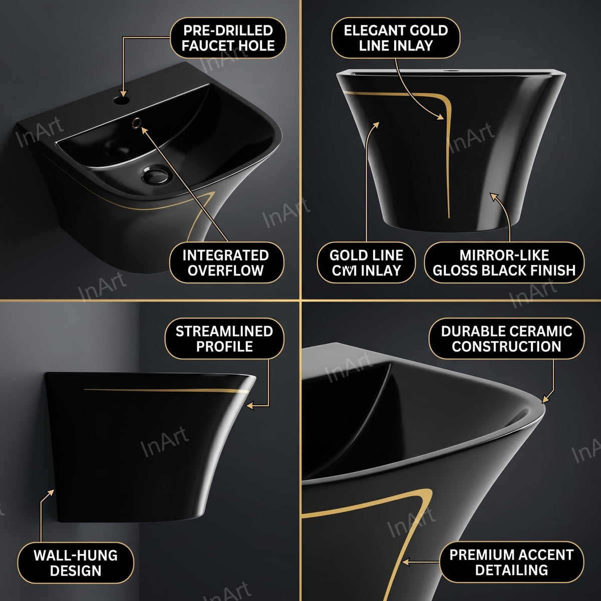 InArt Glossy Black Wall-Mounted Ceramic Bathroom Sink with Half Pedestal, 21.3 Inch, additional product view 3