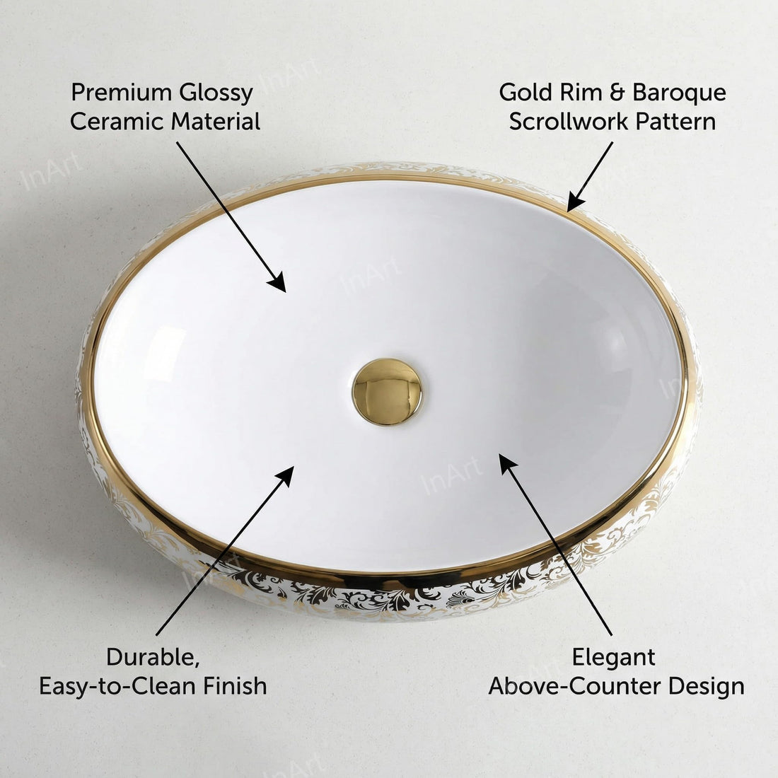 Vessel sinks for bathroom - InArt oval ceramic vessel sink, glossy white with gold rim, 24x16