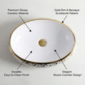 Above counter bathroom sink side angle, oval ceramic bathroom sink in glossy white with gold trim