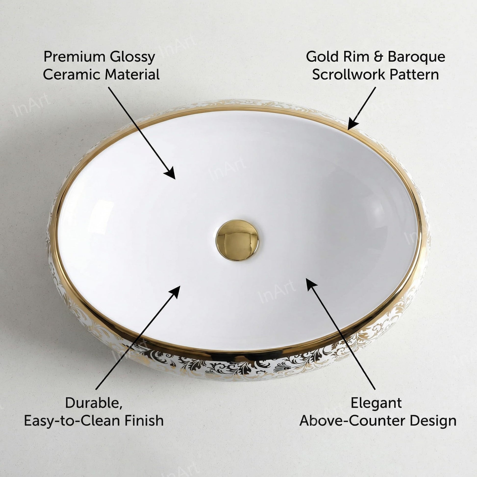 Above counter bathroom sink side angle, oval ceramic bathroom sink in glossy white with gold trim