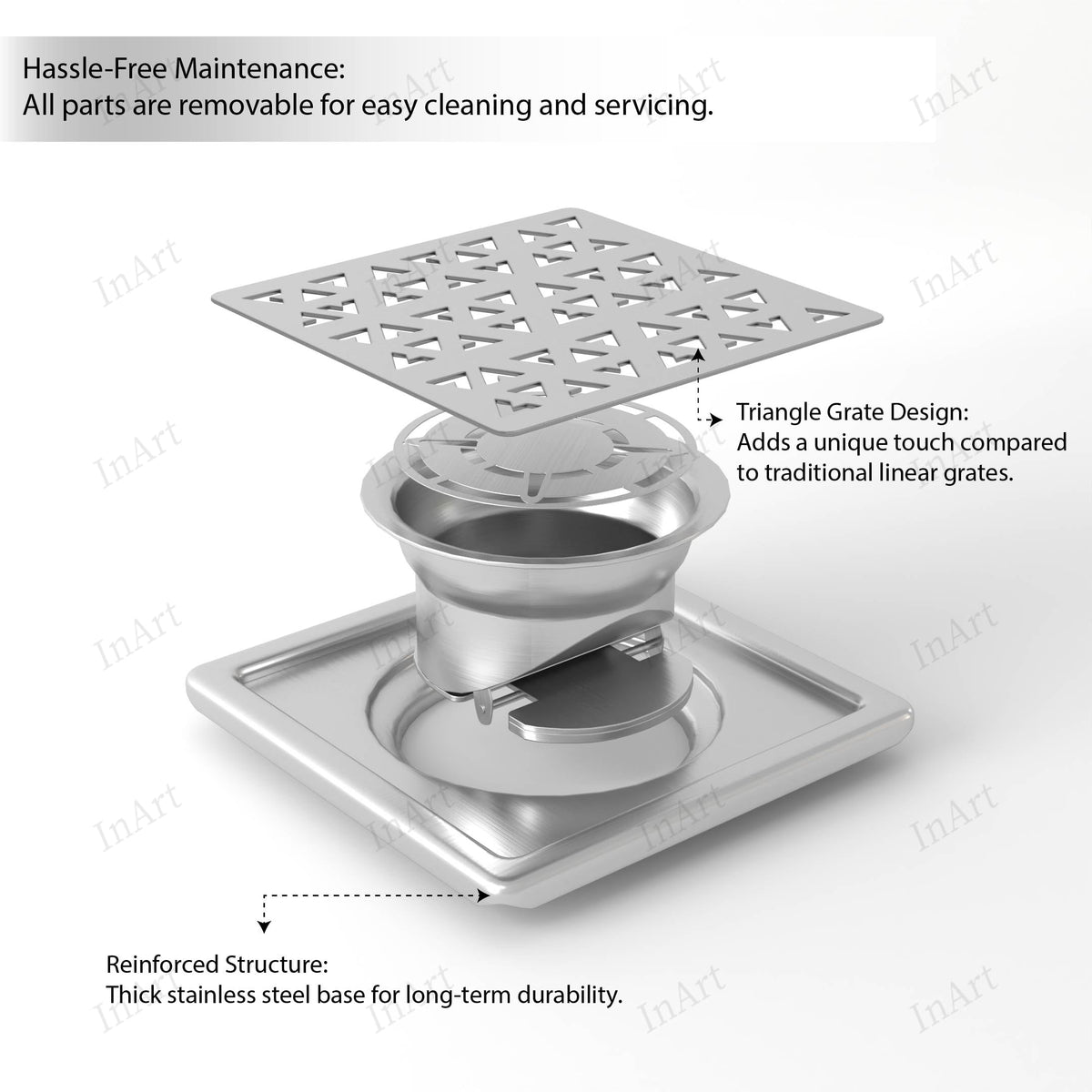 InArt 5 x 5 Inch Square Stainless Steel Shower Drain for Bathroom Floors, additional product view 5