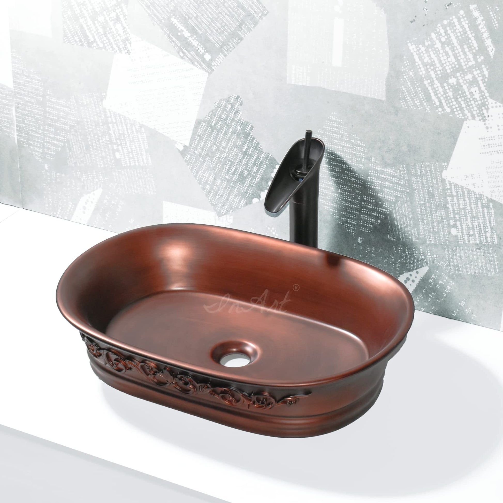 Close-up of matte copper finish on ceramic oval vessel sink, modern style sink for bathroom sink vanity tops
