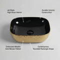 Over counter bathroom sink angled view, black gold rectangular ceramic vessel sink for modern vanity