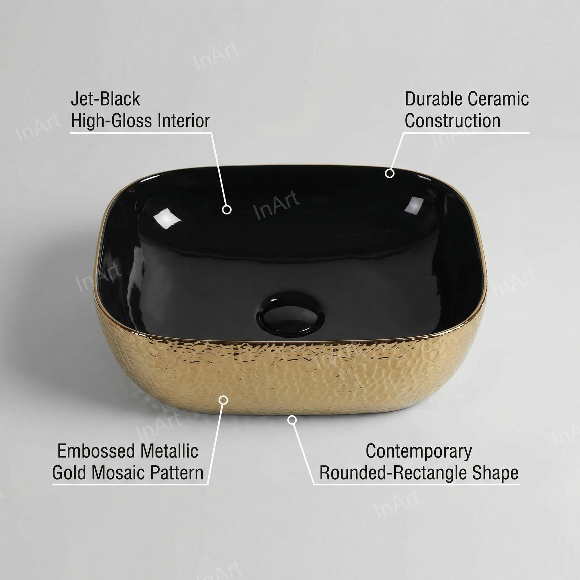Over counter bathroom sink angled view, black gold rectangular ceramic vessel sink for modern vanity