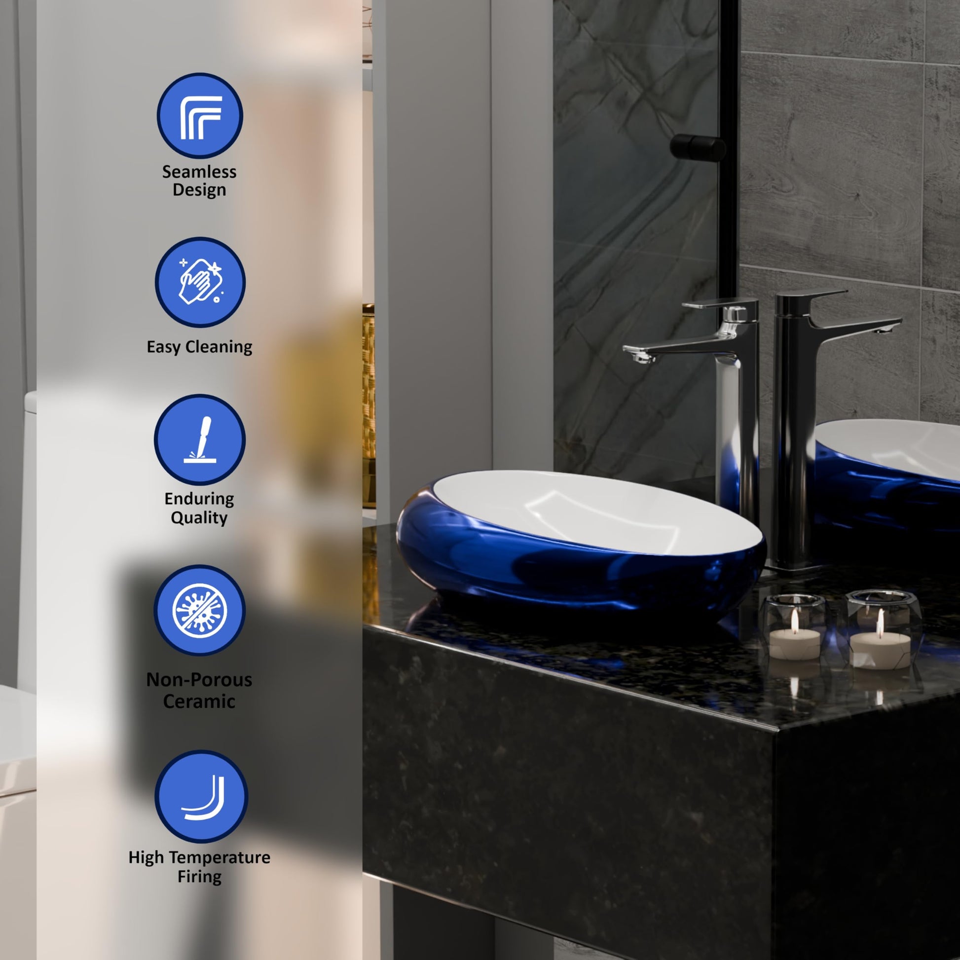 Restroom sink bowl detail showing oval ceramic vessel sink drain opening, blue glossy finish