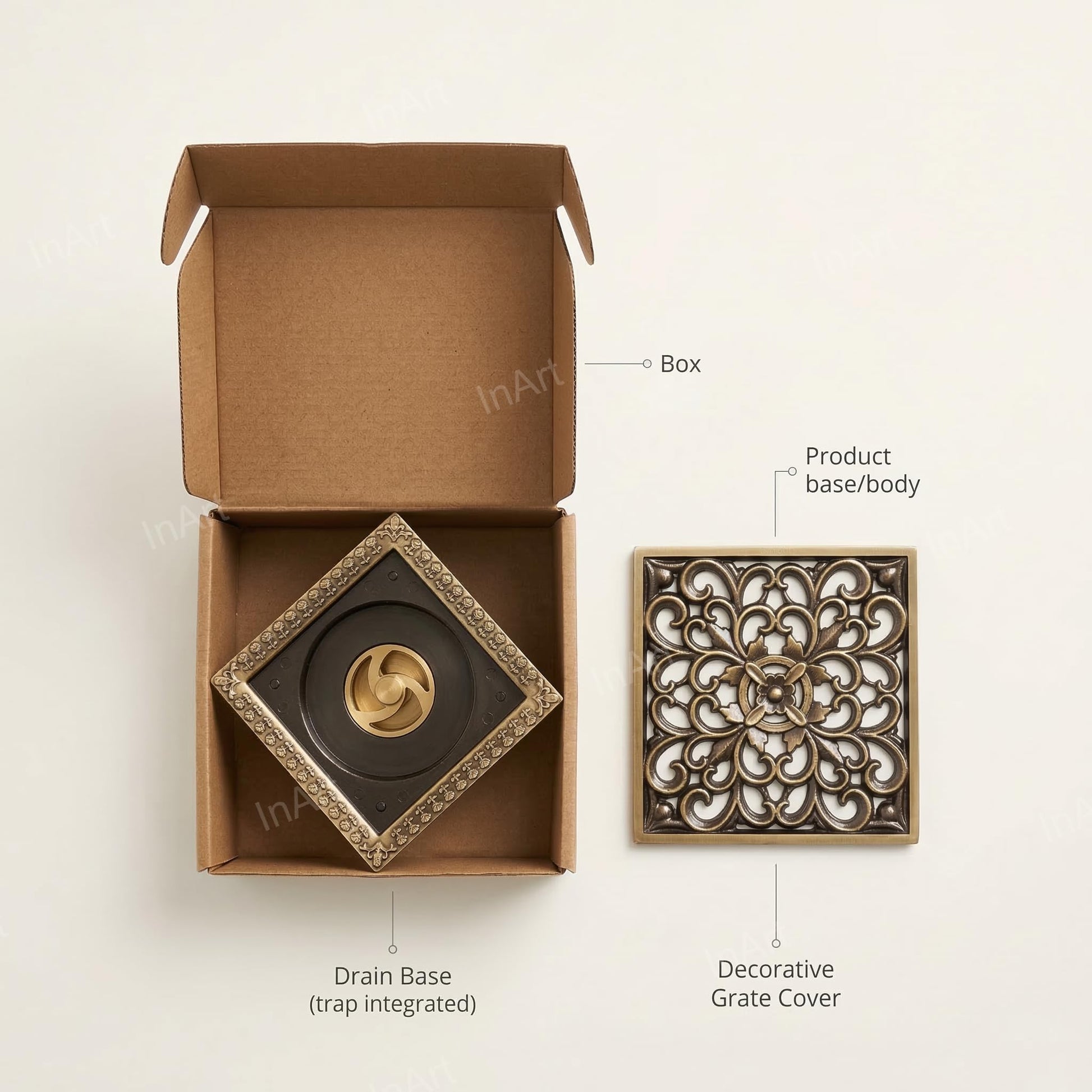 InArt 12 x 4 Inch Square Brass Shower Drain Cover with Removable Grate, additional product view 8
