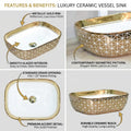 Vessel sink vanity pairing gold rectangular ceramic tabletop sink, side angle view