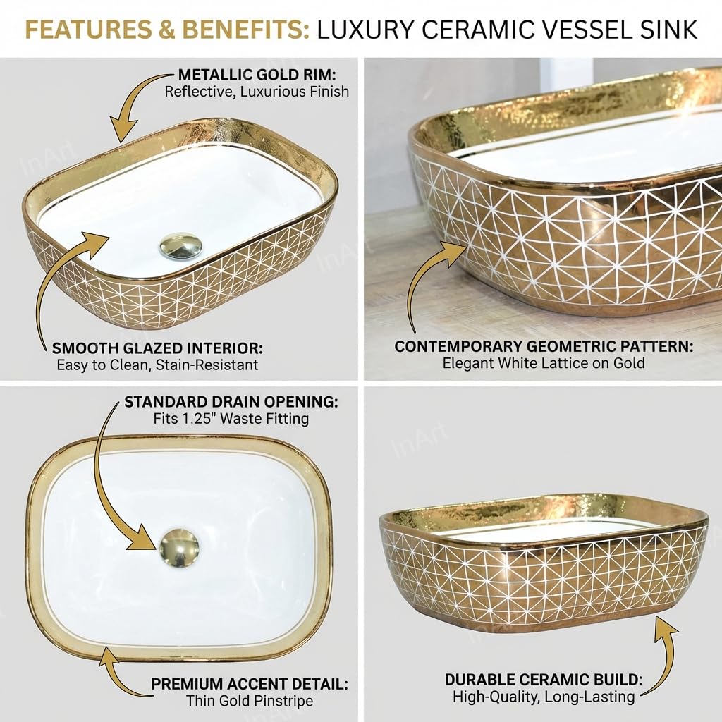 Vessel sink vanity pairing gold rectangular ceramic tabletop sink, side angle view