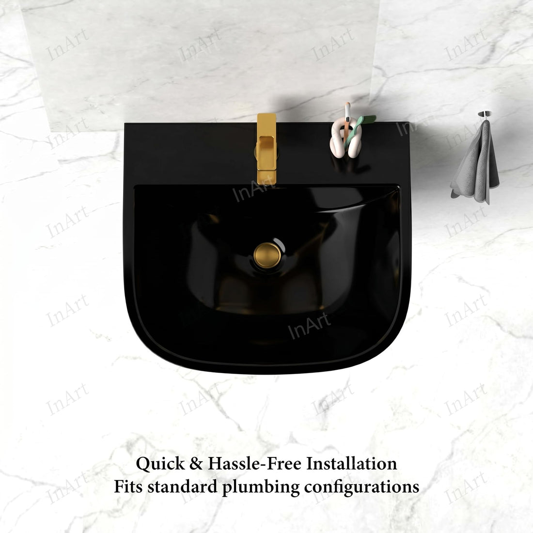 InArt Glossy Black Wall-Mounted Ceramic Bathroom Sink with Half Pedestal, 21.3 Inch