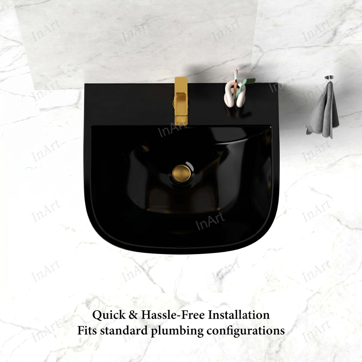 InArt Glossy Black Wall-Mounted Ceramic Bathroom Sink with Half Pedestal, 21.3 Inch, additional product view 2