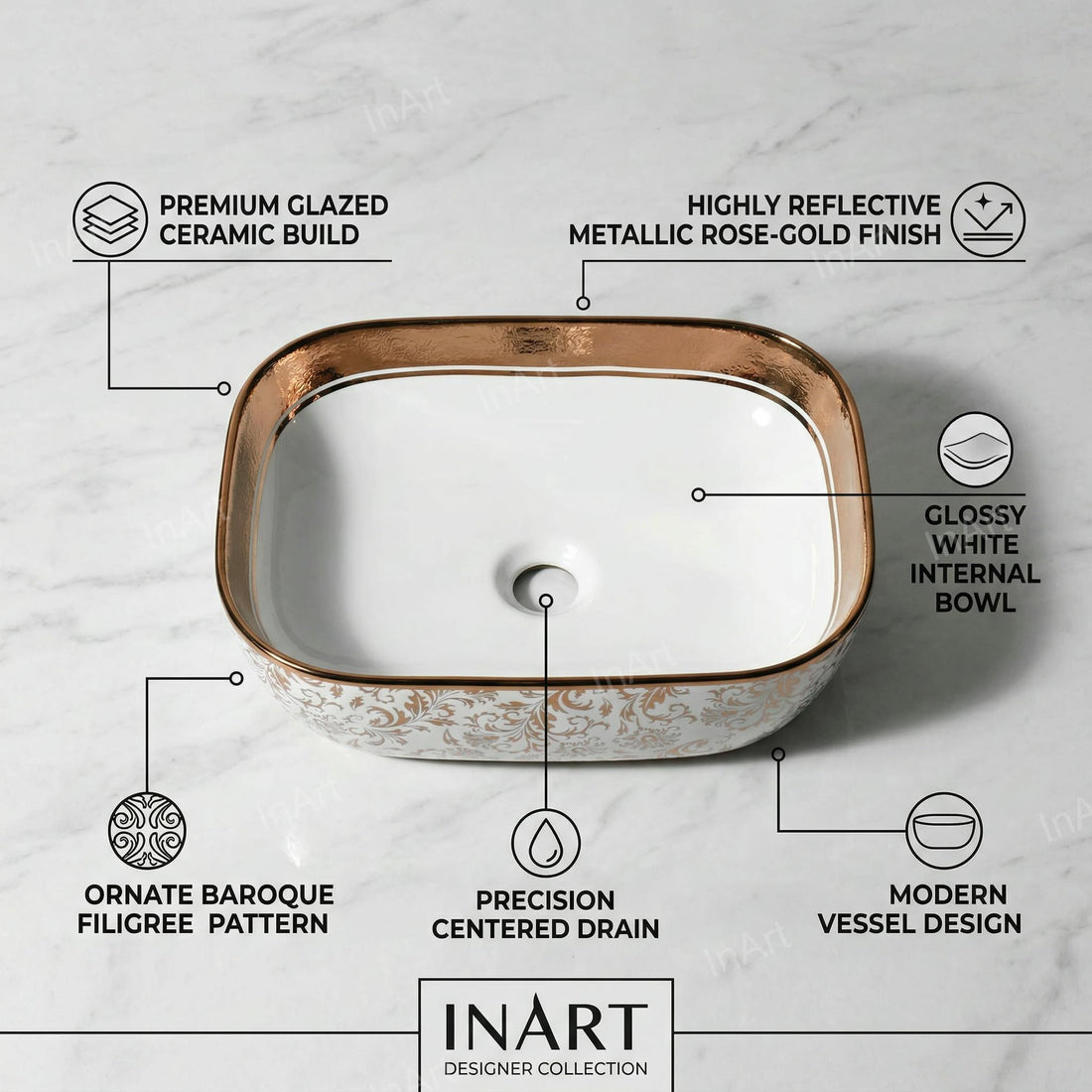 Bathroom ceramic basin InArt rose gold rectangular ceramic vessel sink 18x13 countertop wash basin