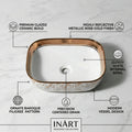Over counter bathroom sink angled view of rose gold rectangular ceramic vessel sink for vanity top